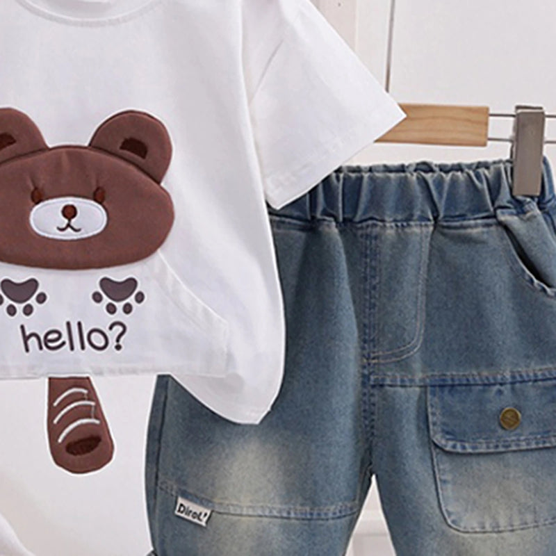 Boys White Bear Motif Short Sleeve T-Shirt With Denim Shorts Sets 2 pc. Sets