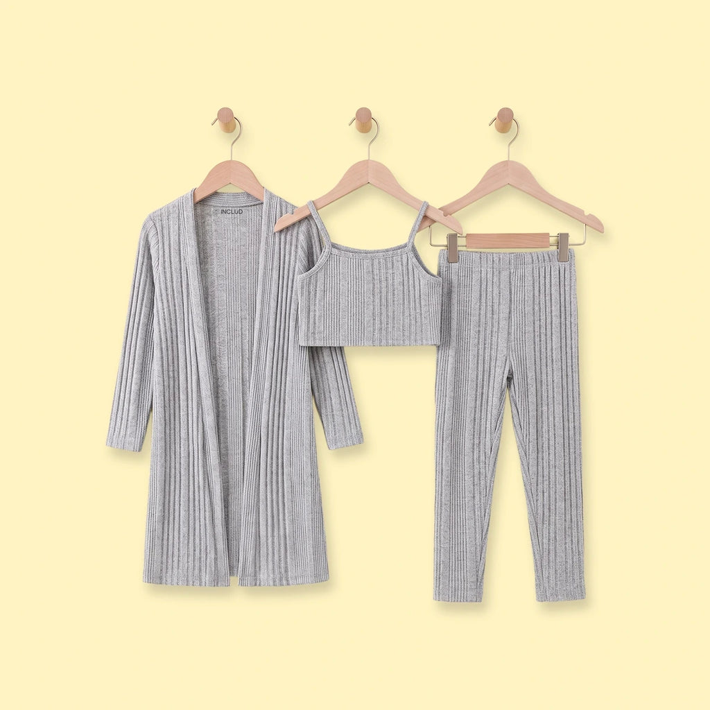 Girls Grey Textured Longline Open Front Cardigan With Cami Top & Pants Sets 3 pc. Sets Grey 3-4 Y