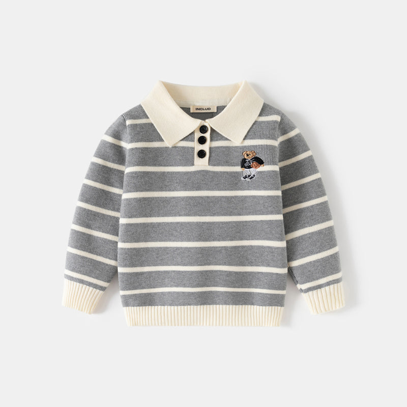 Boys Grey Polo Collar Sweatshirt With Self Design Stripe Patterns Sweaters & Cardigans