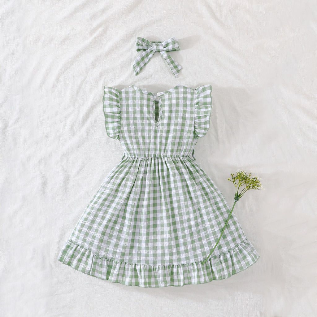 Girls Green Checked Fit & Flare Summer Casual Dress Casual Dresses