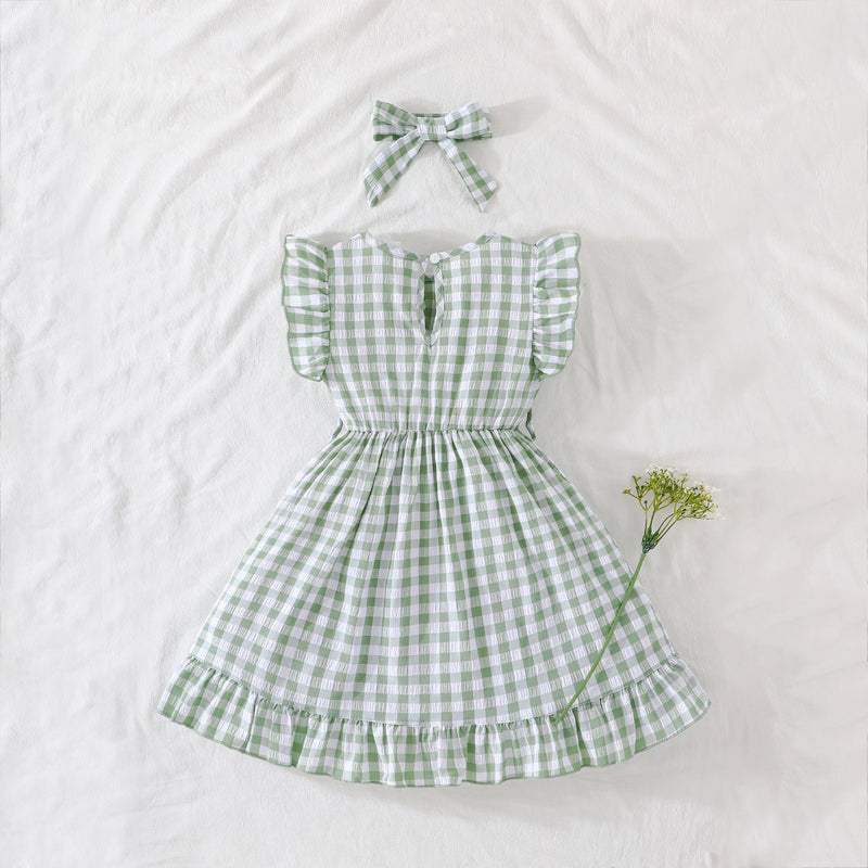 Girls Green Checked Fit & Flare Summer Casual Dress Casual Dresses