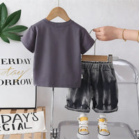 Boys Dark Grey Typographic Printed T-Shirt With Denim Shorts Sets Sets