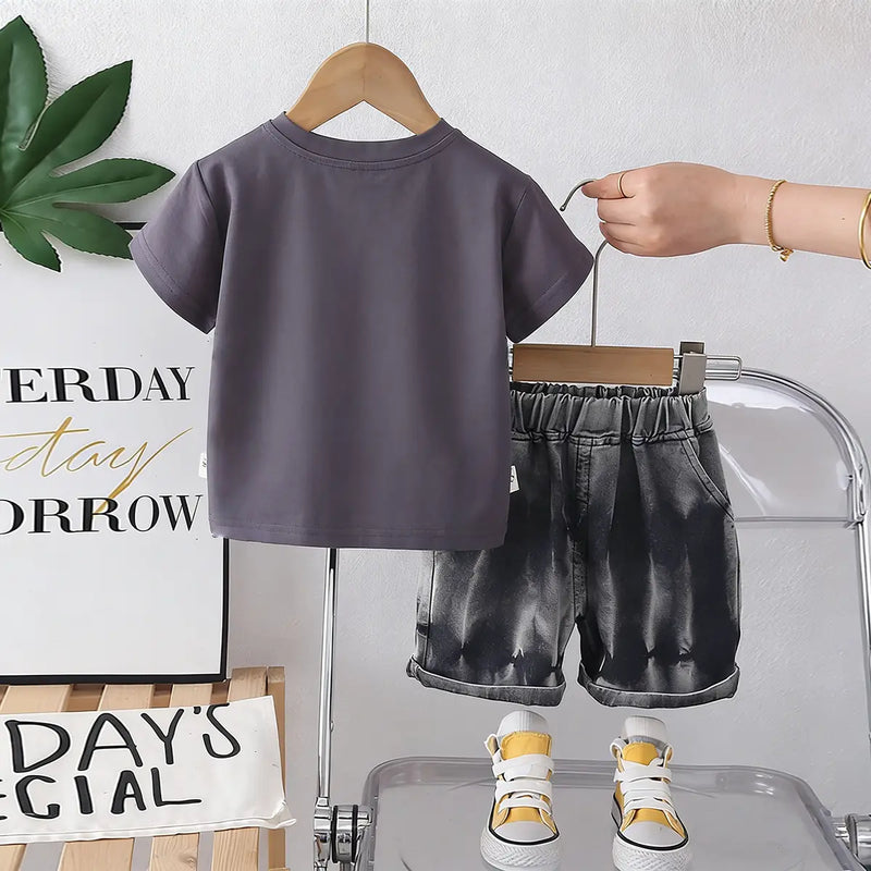 Boys Dark Grey Typographic Printed T-Shirt With Denim Shorts Sets Sets