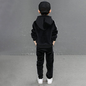 Boys Black Three Side Stripes Hooded Zip-up Jacket With Jogger Sets Sets