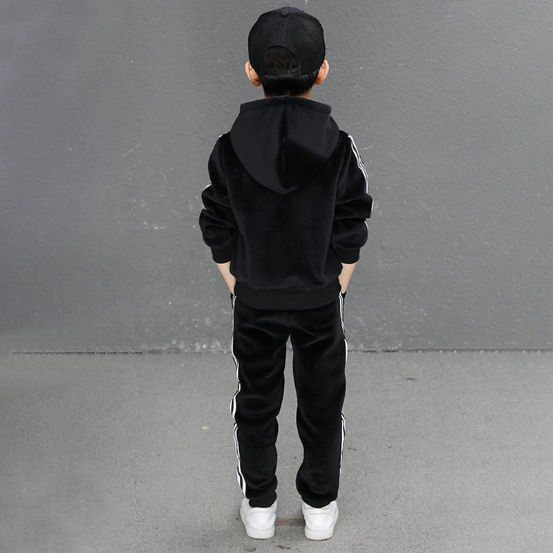 Boys Black Three Side Stripes Hooded Zip-up Jacket With Jogger Sets Sets
