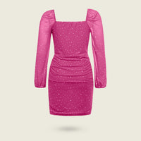 Girls Pink Sequined Long Sleeves Square Neck Bodycon Dress Party Dresses