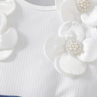 Girls White Floral Applique Sleeveless Top With Denim Skirt Sets 2 pc. Sets