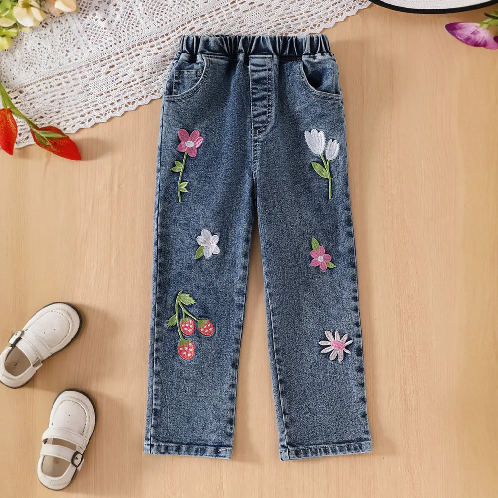 Girls White Butterfly Themed Top With Floral Embroidered Denim Pants Set Sets