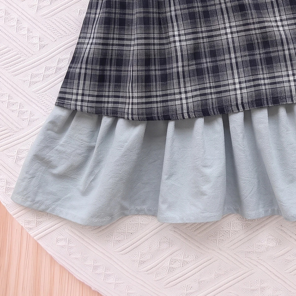 Girls Light Blue Sleeveless Checked A-line Dress Casual Dresses