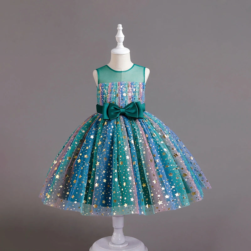 Girls Green Star Foil Print Sleeveless Fit & Flare Party Wear Dress Party Dresses Green 2-3 Y