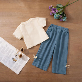 Girls Apricot Flower Applique Short Sleeves Top With Pants Set Sets