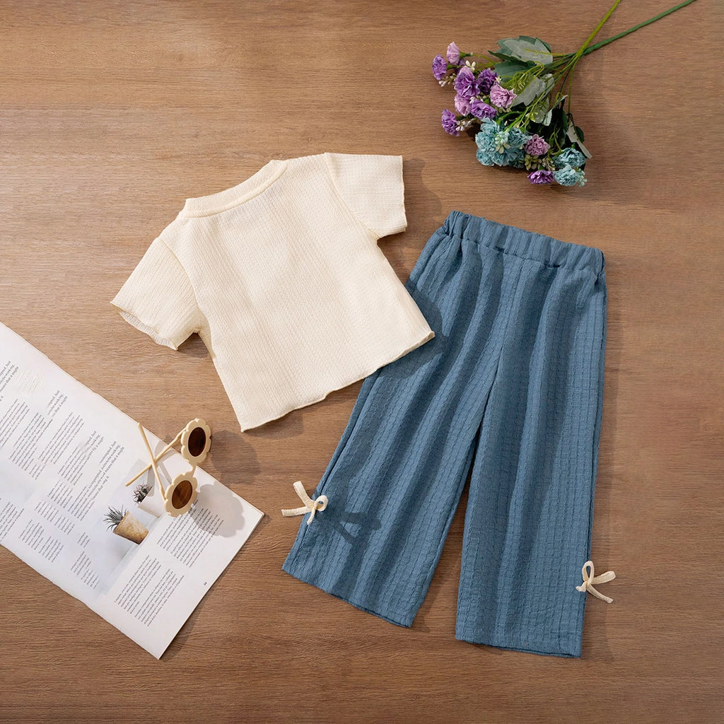 Girls Apricot Flower Applique Short Sleeves Top With Pants Set Sets