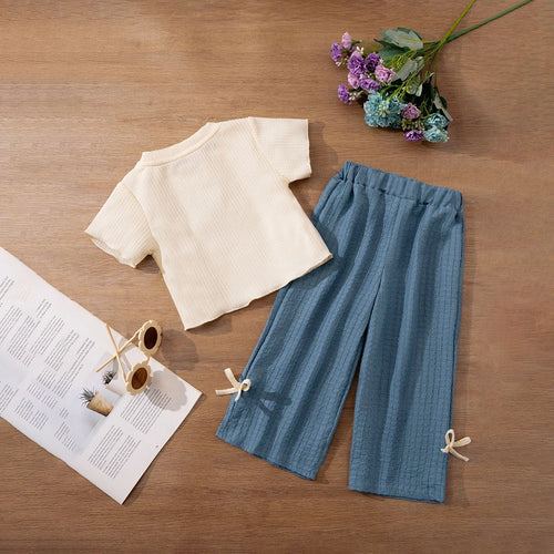 Girls Apricot Flower Applique Short Sleeves Top With Pants Set Sets