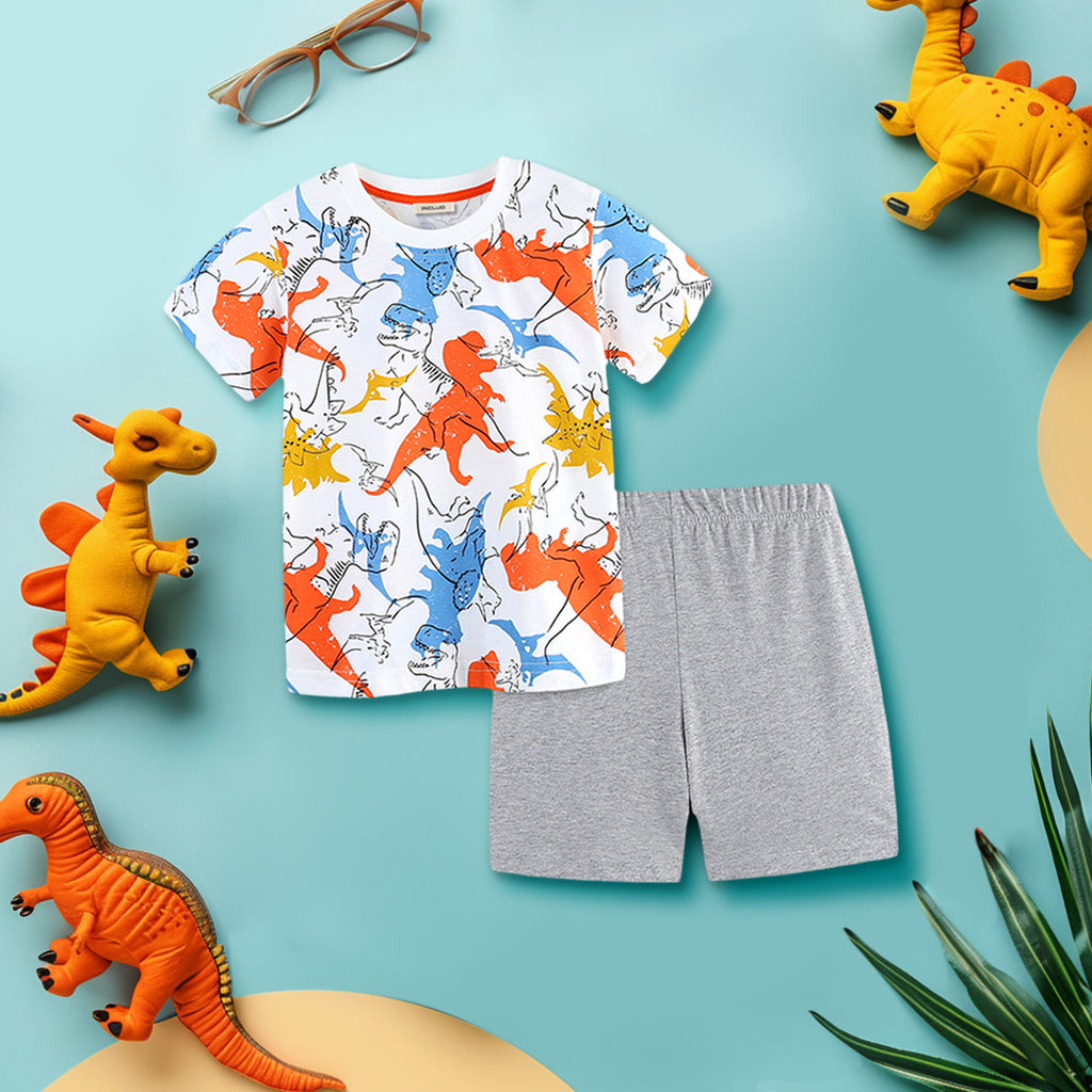 Boys Dinosaur Print T-Shirt With Shorts Set Sets White 1-2 Y 