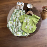 Girls Lime Green Floral Applique Flutter Sleeve Top With Flared Pants Sets