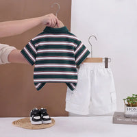 Boys Dark Green Striped Polo T-shirt With Elasticated Shorts Sets 2 pc. Sets