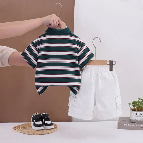 Boys Dark Green Striped Polo T-shirt With Elasticated Shorts Sets 2 pc. Sets