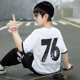 Boys White Alphanumeric Printed T-Shirt With Joggers Set Sets