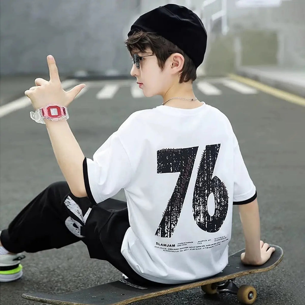 Boys White Alphanumeric Printed T-Shirt With Joggers Set Sets
