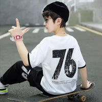 Boys White Alphanumeric Printed T-Shirt With Joggers Set Sets