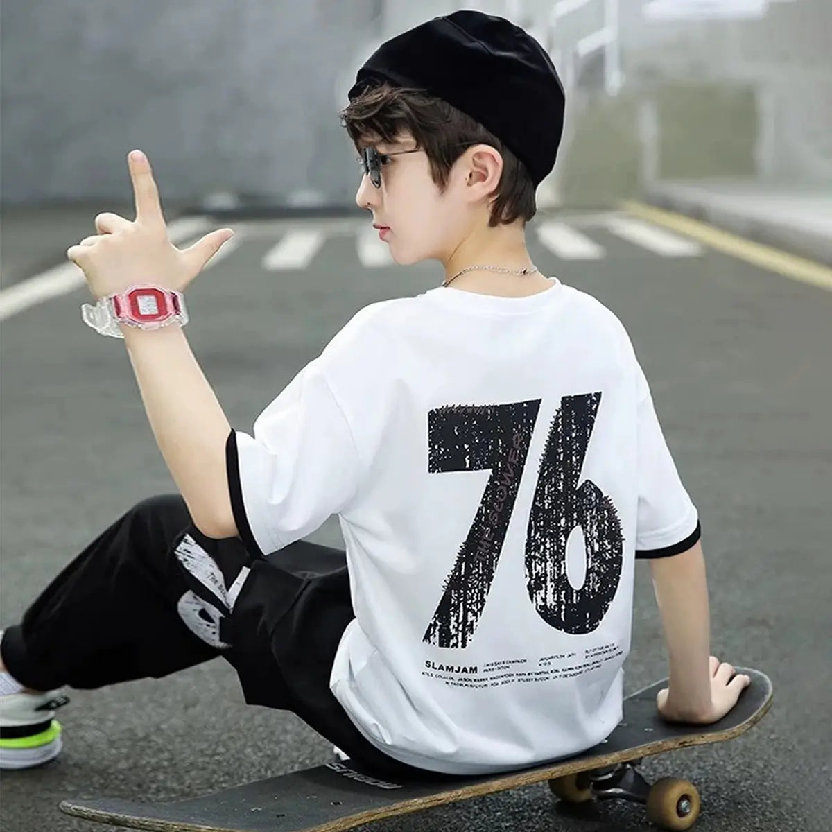 Boys White Alphanumeric Printed T-Shirt With Joggers Set Sets