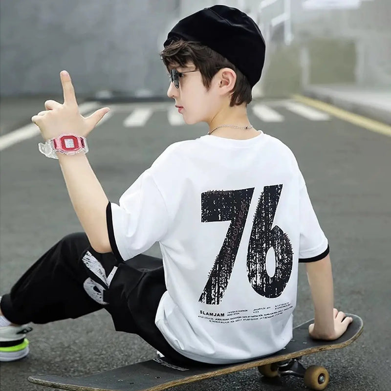 Boys White Alphanumeric Printed T-Shirt With Joggers Set Sets