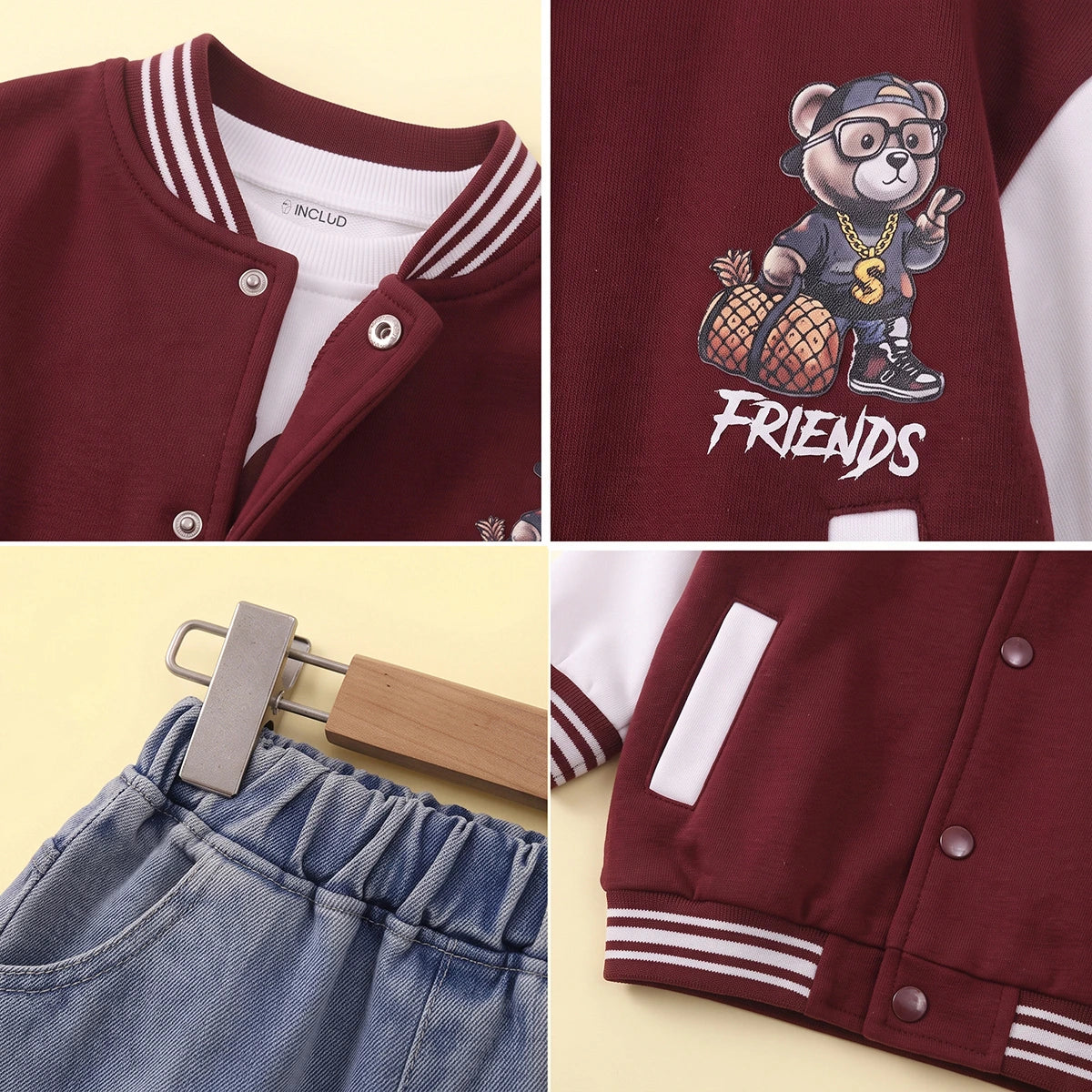 Boys Maroon Graphic Jacket With T-Shirt And Denim Pants Sets 3 pc. Sets