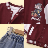 Boys Maroon Graphic Jacket With T-Shirt And Denim Pants Sets 3 pc. Sets