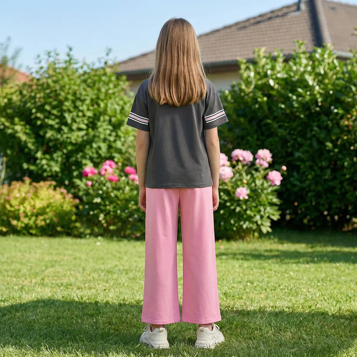 Girls Black Alphanumeric Print T-Shirt With Wide-Leg Pant Sets Sets