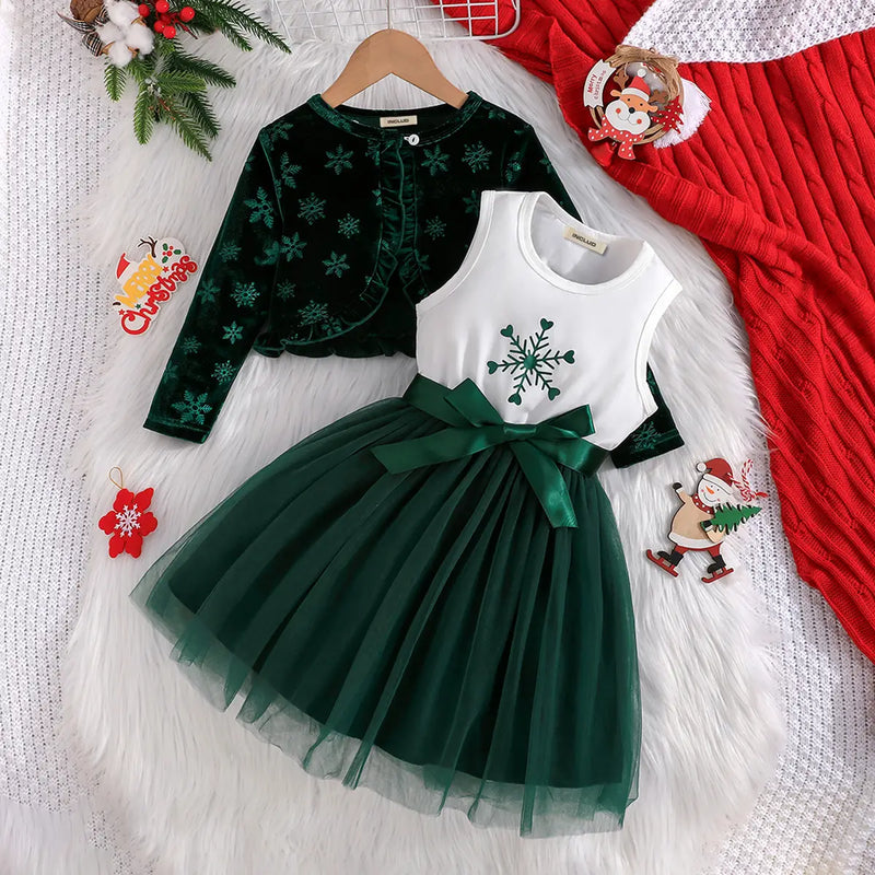 Girls Green Graphics Printed Fit & Flare Dress With Long Sleeves Shrug Casual Dresses Green 3-4 Y