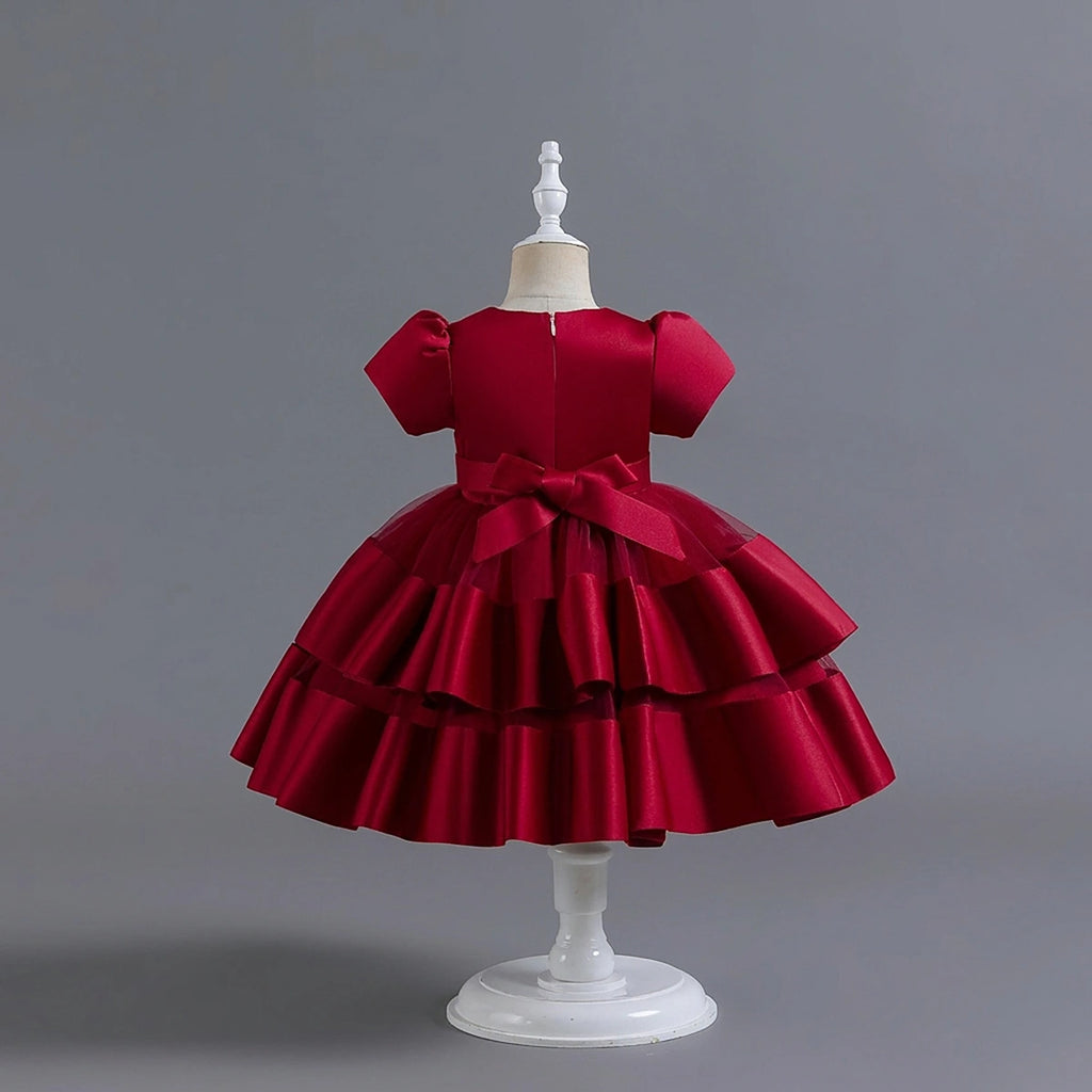 Girls Red Puff Sleeve Ruffle Layered Party Wear Dress Party Dresses