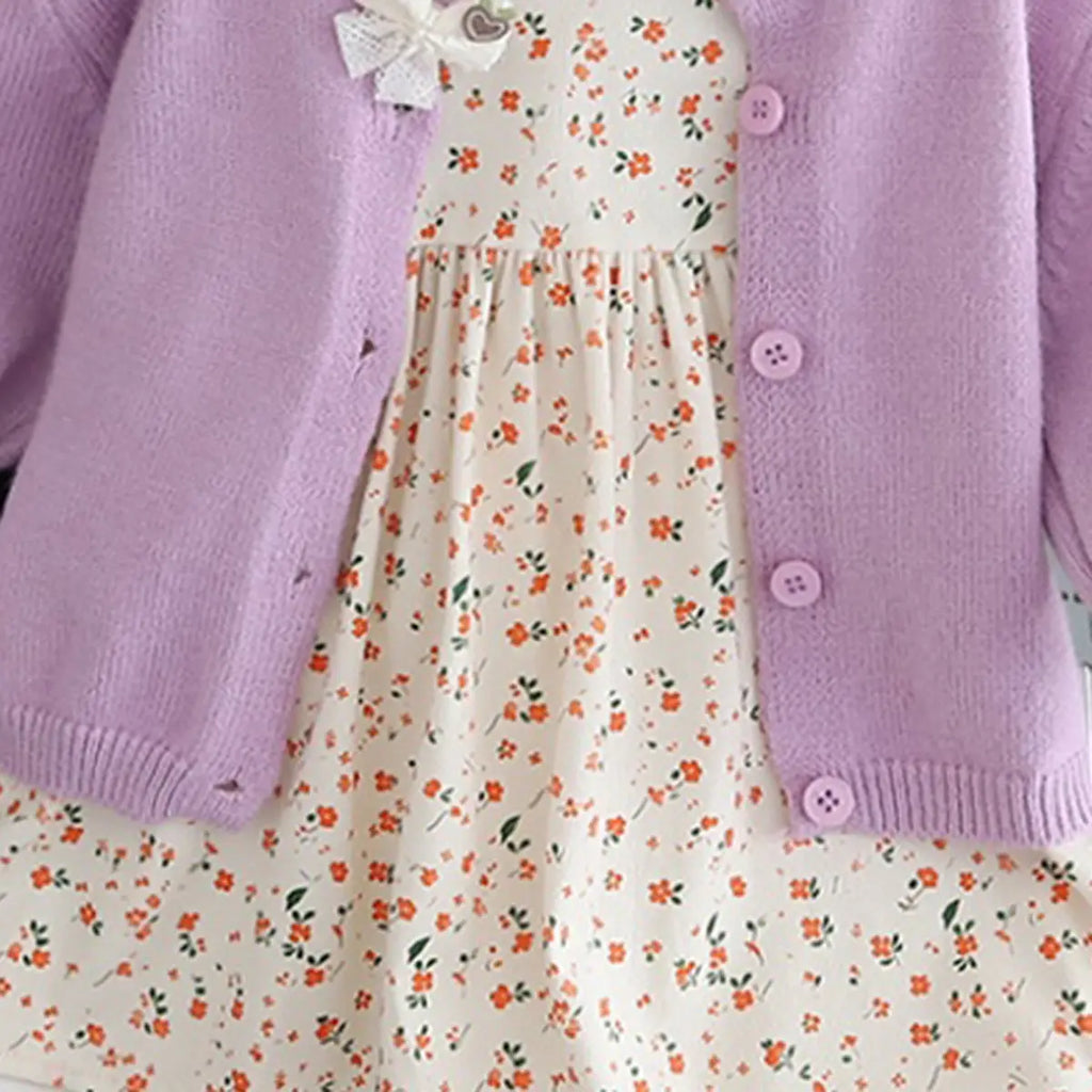 Girls Purple Solid Cardigan With Floral Printed Top Sweaters & Cardigans