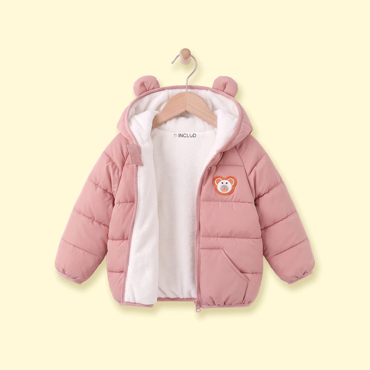 Girls Pink Bear Ear On Hood Quilted Zip-up Jacket Coats & Jackets Pink 1-2 Y