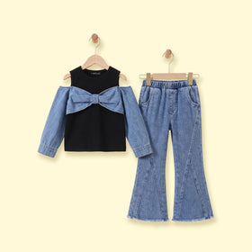 Girls Black Long Sleeve Fitted Top With Denim Pants Sets 2 pc. Sets Black 3-4 Y