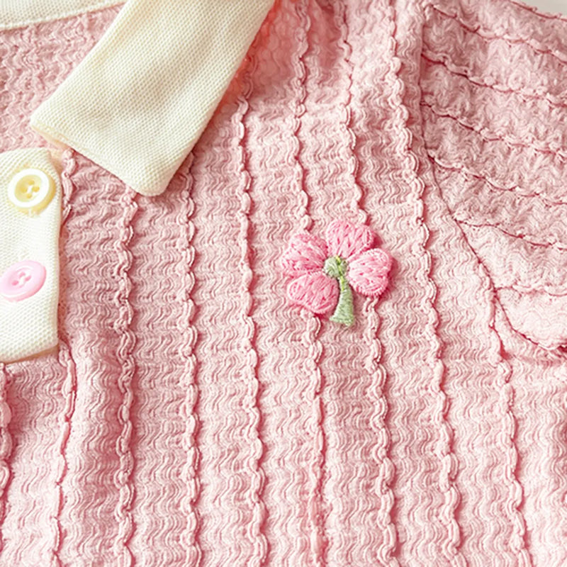 Girls Pink Textured Polo T-Shirt With Shorts Co-ord Sets Sets