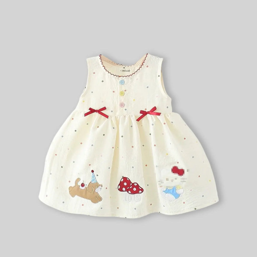 Girls Beige Polka Dot Print Fit & Flare Dress With Patch Embroidery Casual Dresses