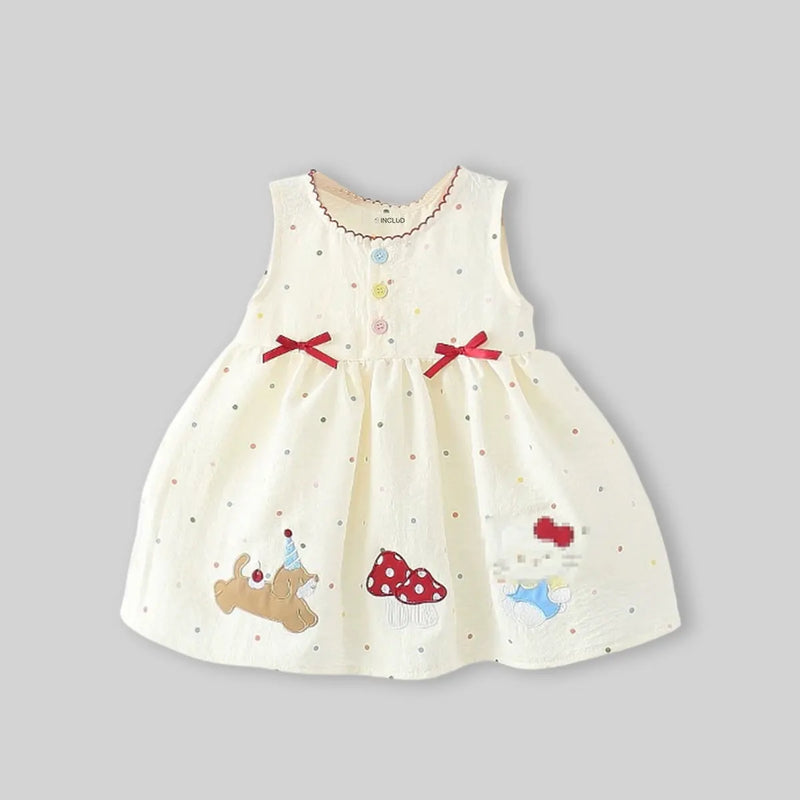 Girls Beige Polka Dot Print Fit & Flare Dress With Patch Embroidery Casual Dresses