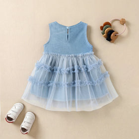 Girls Blue Tulle Overlay Fit & Flare Dress With Pintuck Details Casual Dresses