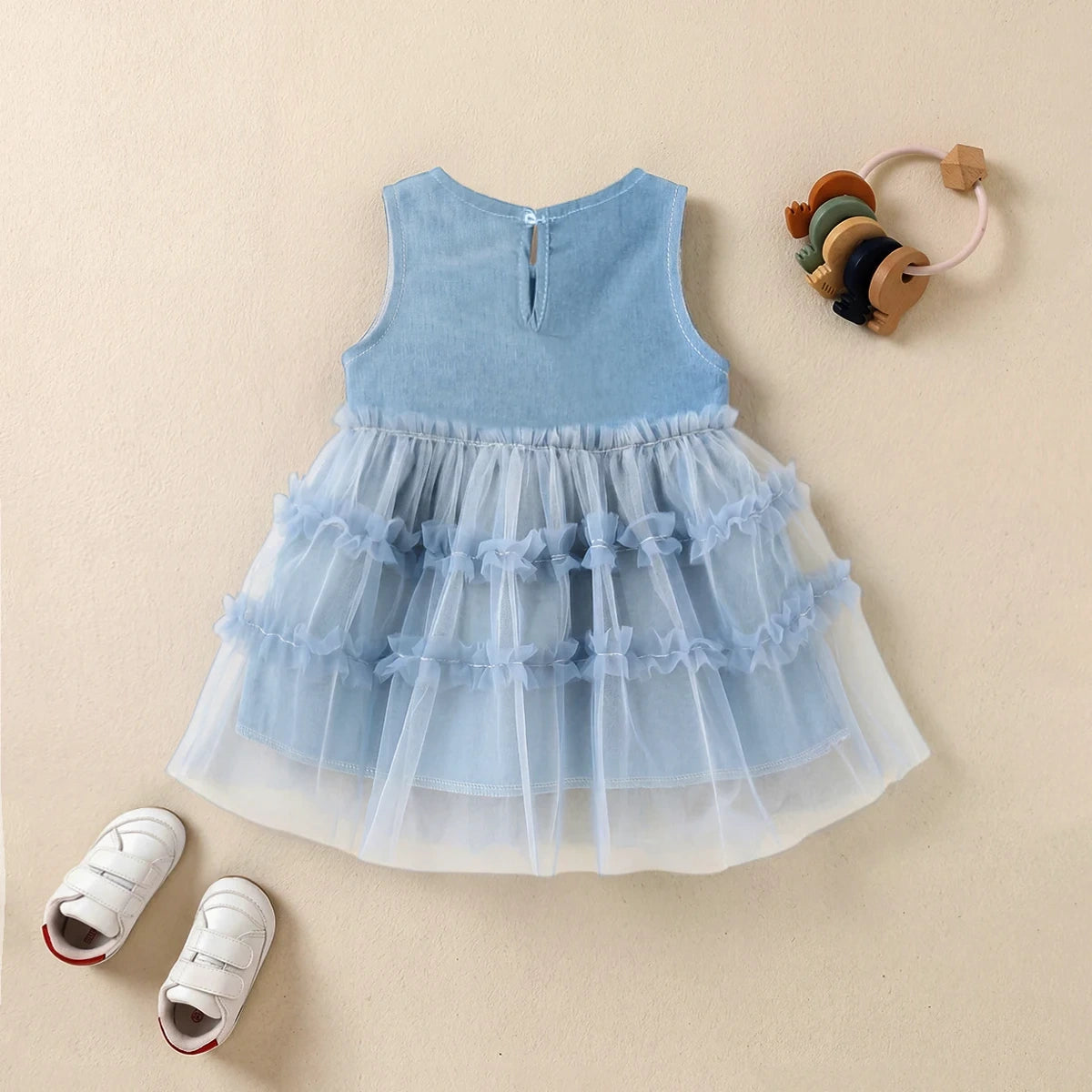 Girls Blue Tulle Overlay Fit & Flare Dress With Pintuck Details Casual Dresses