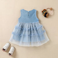 Girls Blue Tulle Overlay Fit & Flare Dress With Pintuck Details Casual Dresses