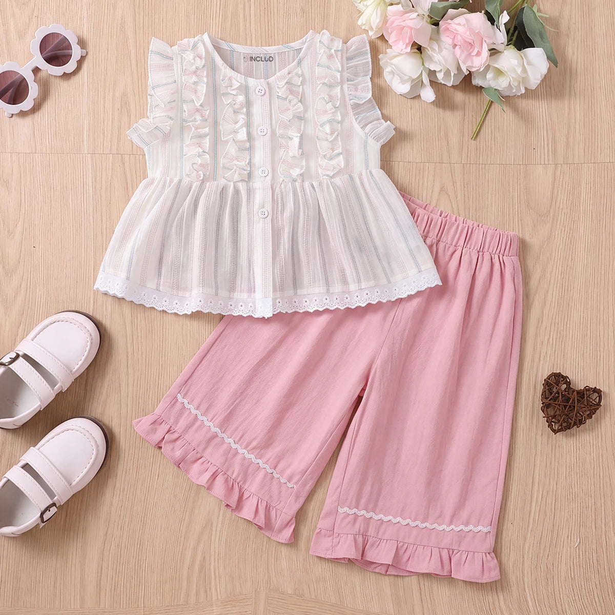 Girls Striped Ruffle Top With Light Pink Capri Sets 2 pc. Sets Light Pink 1-2 Y