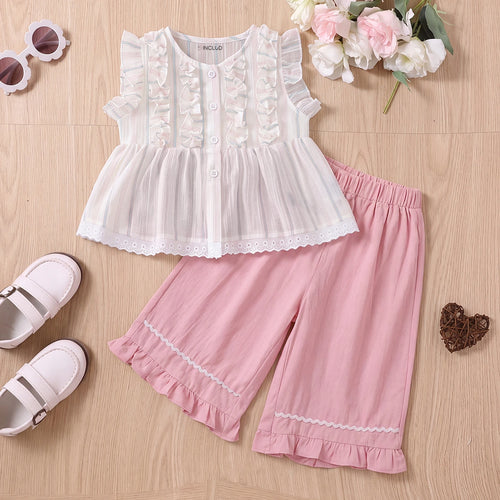 Girls Striped Ruffle Top With Light Pink Capri Sets 2 pc. Sets Light Pink 1-2 Y