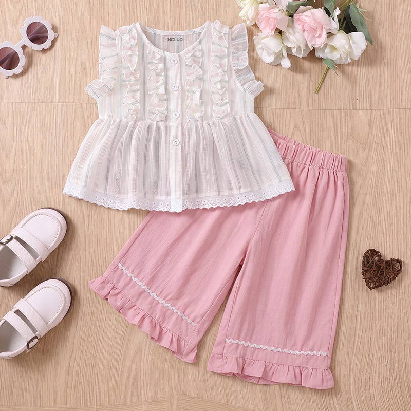 Girls Striped Ruffle Top With Light Pink Capri Sets 2 pc. Sets Light Pink 1-2 Y