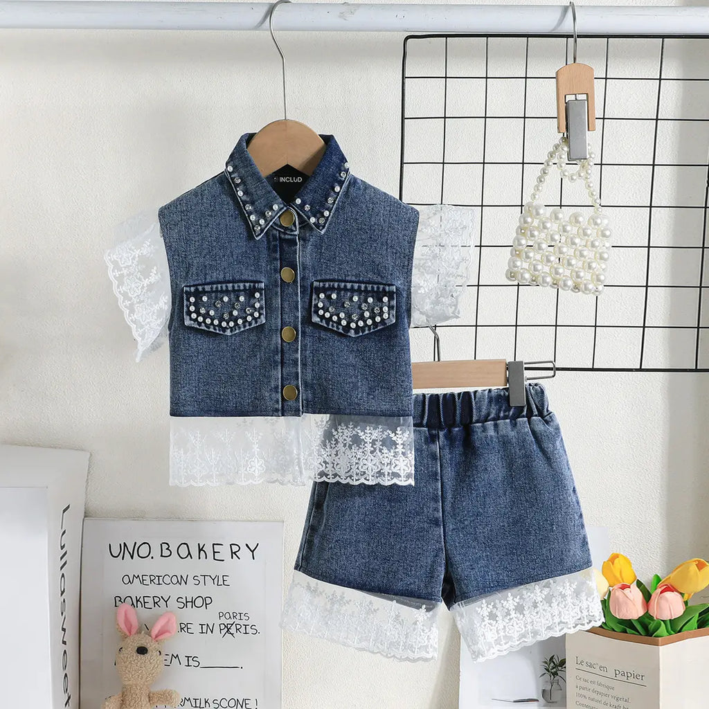 Girls Blue Embroidered Lace Sleeve Denim Top With Denim Shorts Sets 2 pc. Sets Blue 2-3 Y