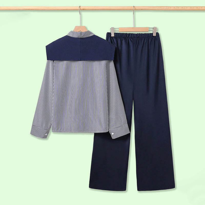 Girls Blue Striped Shirt with Scarf and Straight Fit Pants Sets Sets