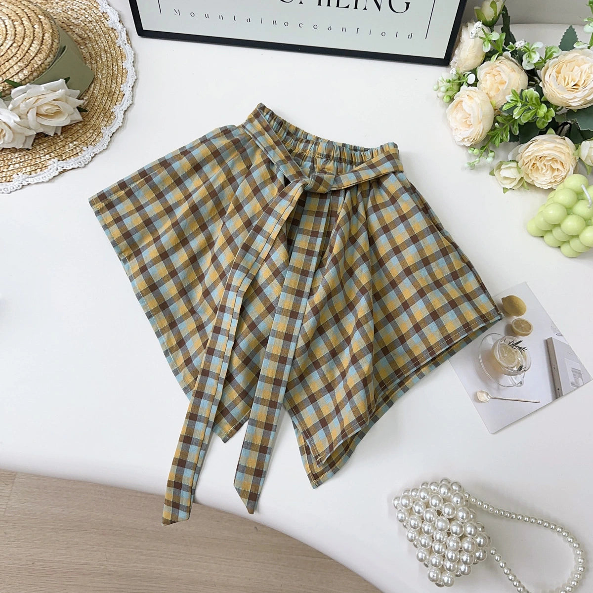 Girls Yellow Embellished Sleeveless Top With Checked Skirt Sets 2 pc. Sets