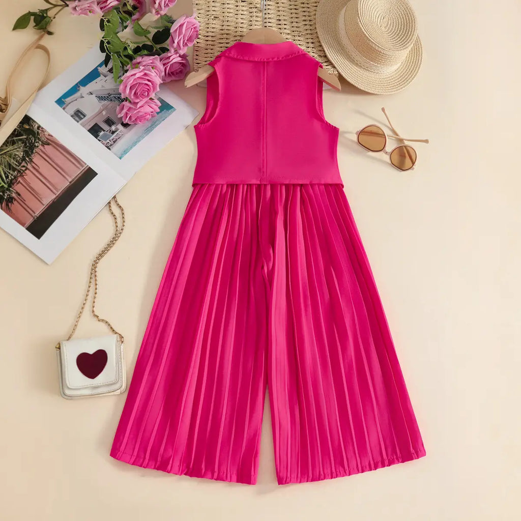 Girls Fuchsia Sleeveless Vest With Pleated Flared Pants Set Sets
