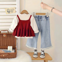 Girls Beige Long Sleeves T-Shirt With Sleeveless Top & Denim Pant Sets Sets