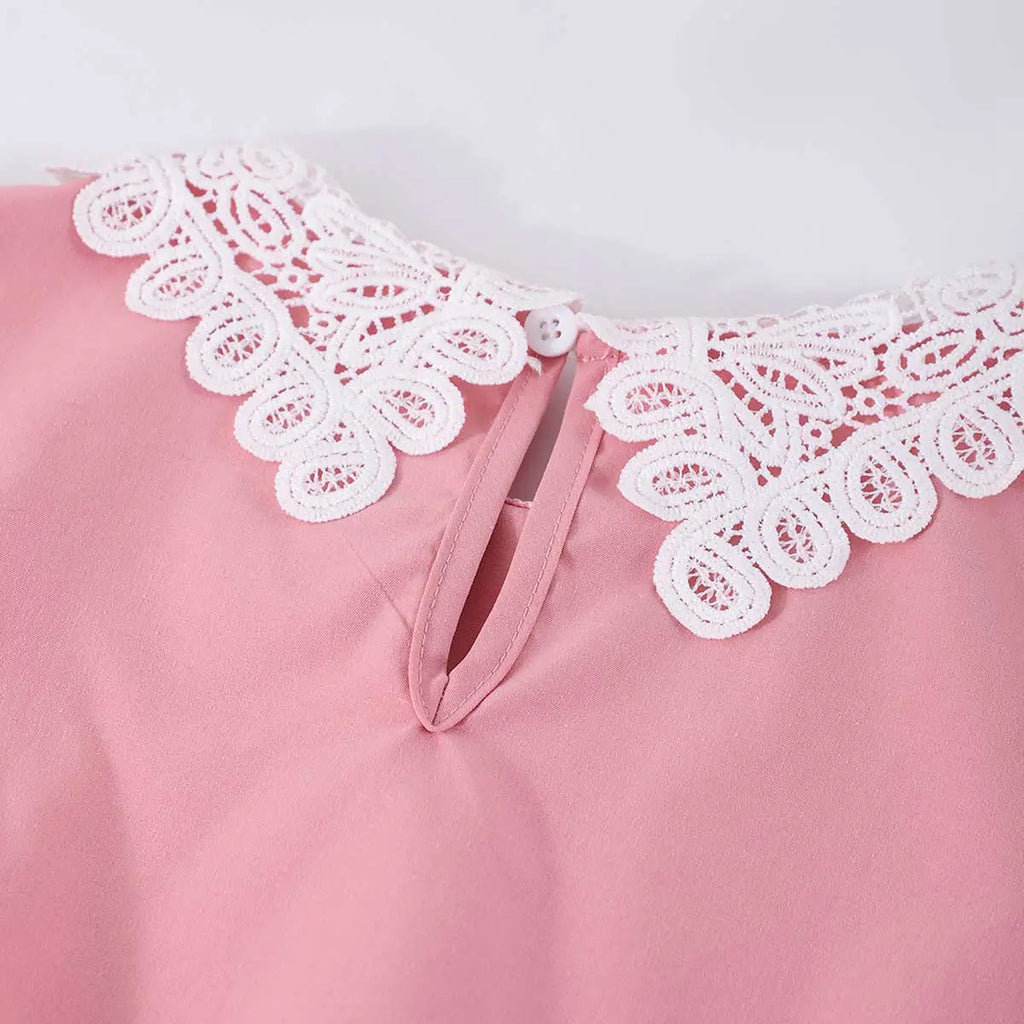 Girls Pink Solid Lace Neck Long Sleeves Fit & Flare Midi Dress Casual Dresses