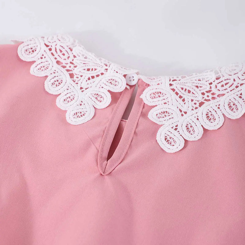 Girls Pink Solid Lace Neck Long Sleeves Fit & Flare Midi Dress Casual Dresses